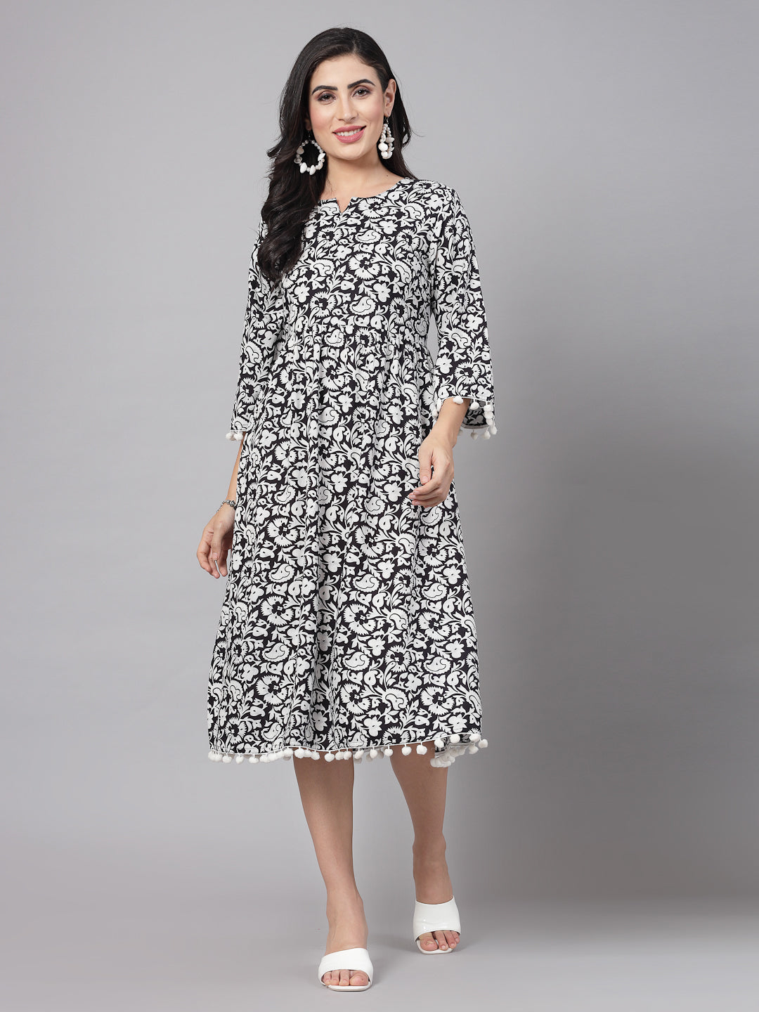 Black Floral Printed Dress - Rayon Fabric, 3/4 Sleeves, Keyhole Neck And Calf Length