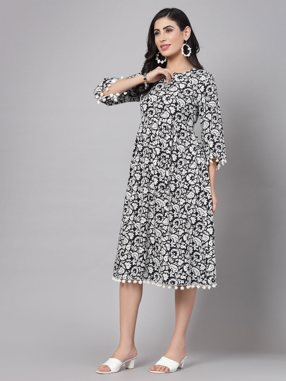 Black Floral Printed Dress - Rayon Fabric, 3/4 Sleeves, Keyhole Neck And Calf Length