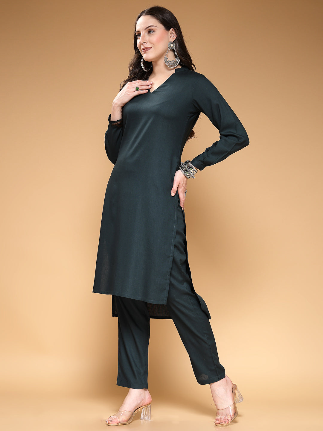 Solid V-Neck 3/4 Sleeves Calf Length Rayon Kurta Set