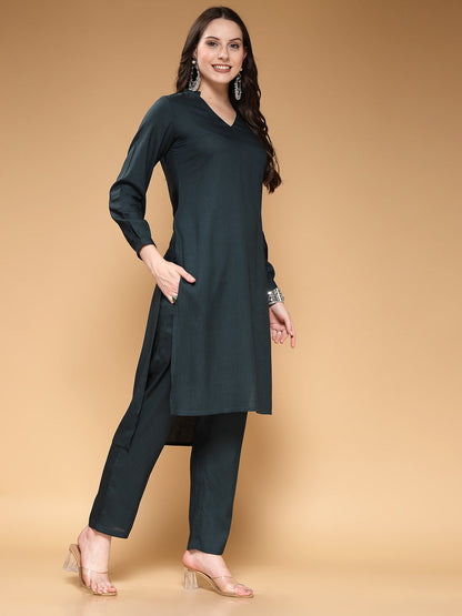 Solid V-Neck 3/4 Sleeves Calf Length Rayon Kurta Set