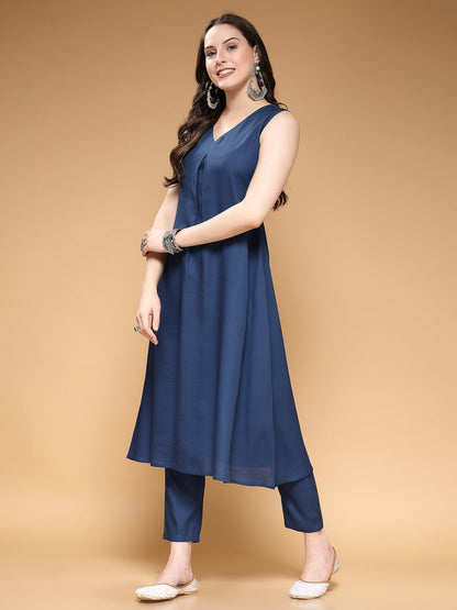 Solid V-Neck Sleeveless Calf Length Rayon Kurta Set