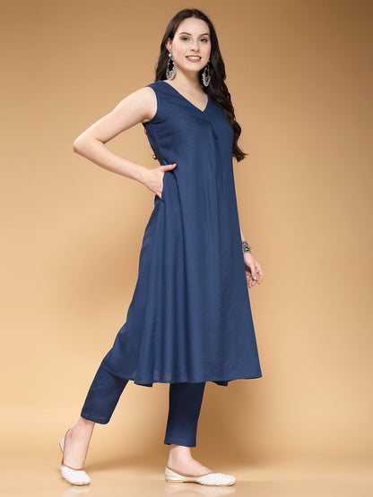 Solid V-Neck Sleeveless Calf Length Rayon Kurta Set