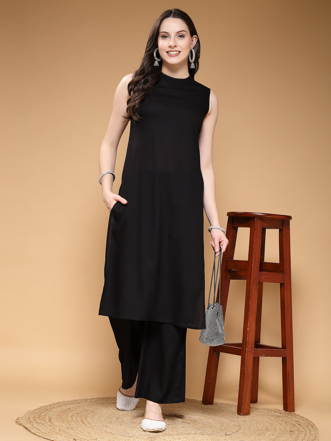 Solid Round Neck Sleeveless Calf Length Rayon Kurta Set