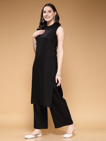 Solid Round Neck Sleeveless Calf Length Rayon Kurta Set