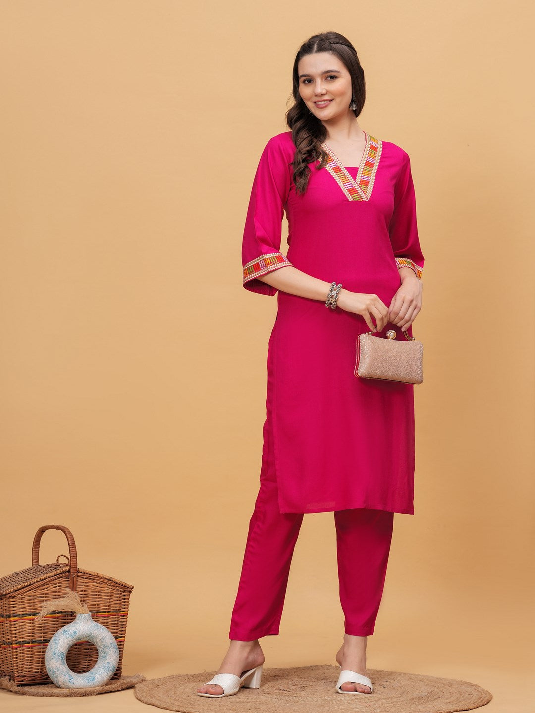 Solid V-Neck 3/4 Sleeves Calf Length Rayon Kurta Set