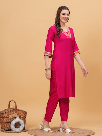 Solid V-Neck 3/4 Sleeves Calf Length Rayon Kurta Set