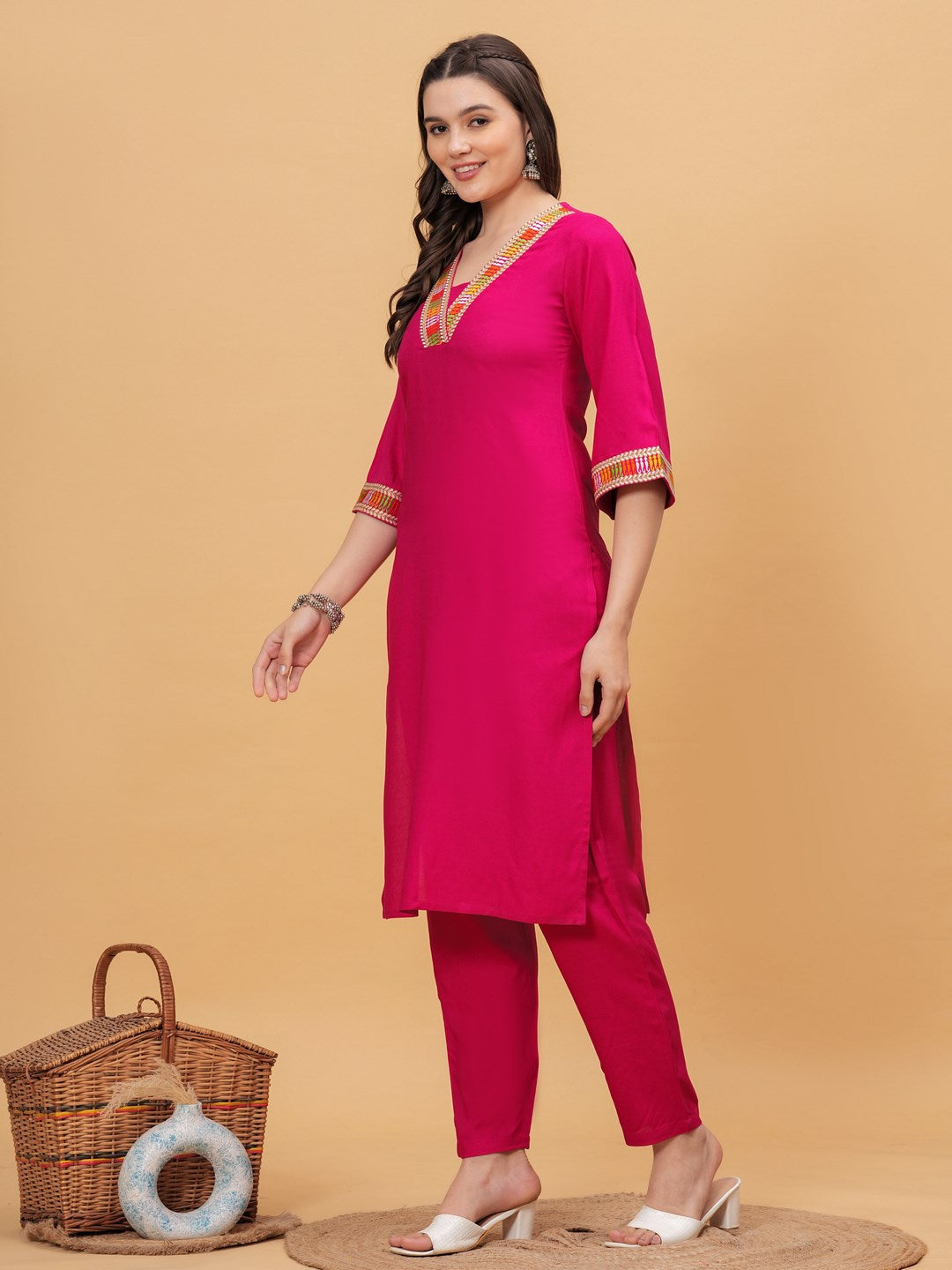 Solid V-Neck 3/4 Sleeves Calf Length Rayon Kurta Set