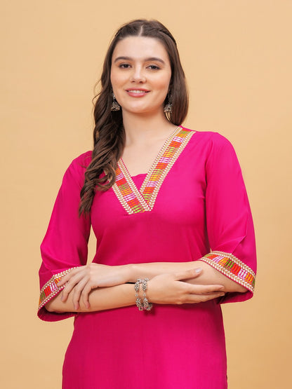 Solid V-Neck 3/4 Sleeves Calf Length Rayon Kurta Set