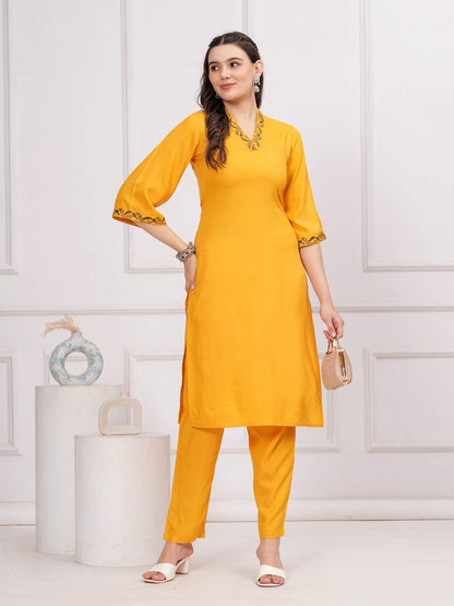 Solid V-Neck 3/4 Sleeves Calf Length Rayon Kurta Set