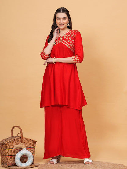 Solid V-Neck 3/4 Sleeves knee Length Rayon Kurta Set