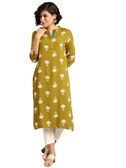 Floral Mandarin Collar Half Sleeves Calf Length Rayon Kurta Set