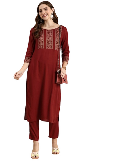 Solid Round Neck Half Sleeves Calf Length Rayon Kurta Set