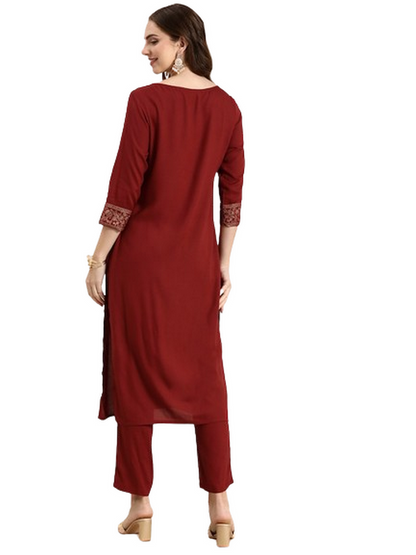 Solid Round Neck Half Sleeves Calf Length Rayon Kurta Set