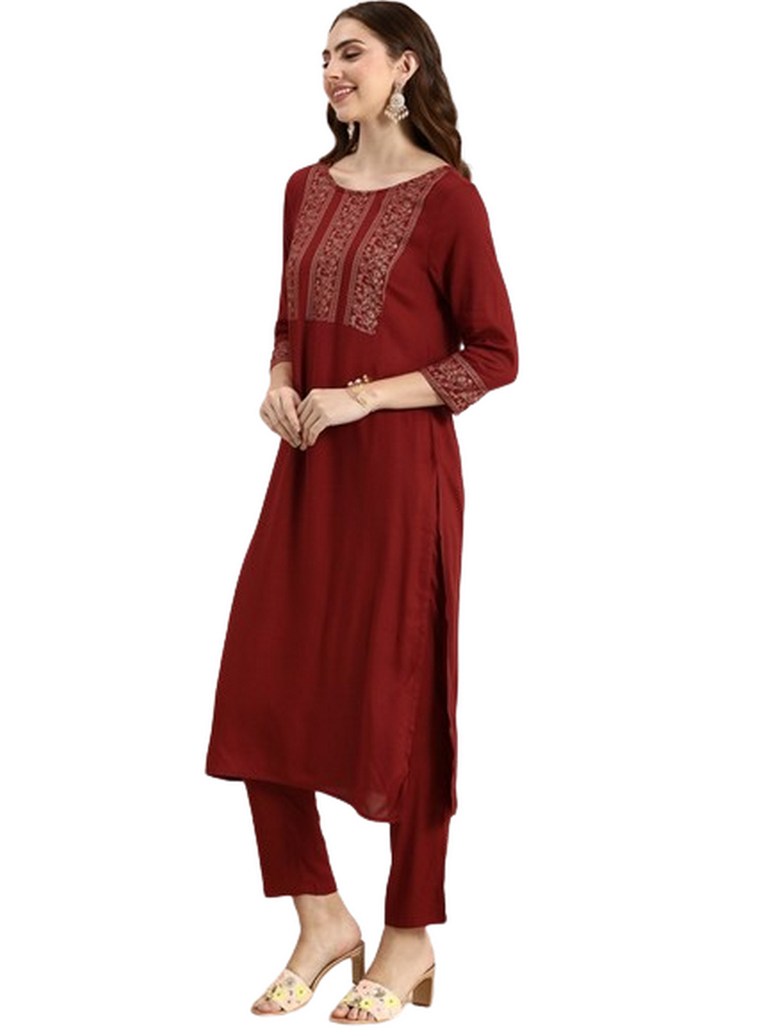 Solid Round Neck Half Sleeves Calf Length Rayon Kurta Set