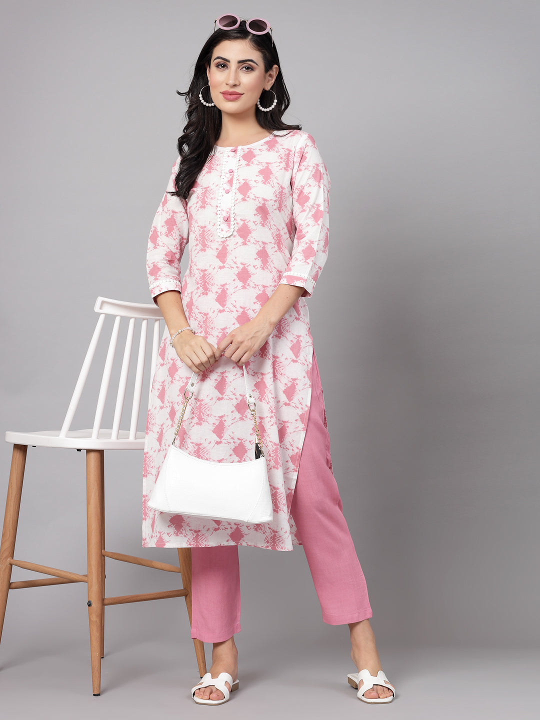 Pink Self-Design Kurta Set - Rayon Fabric, 3/4 Sleeves, Mandarin Collar And Calf Length