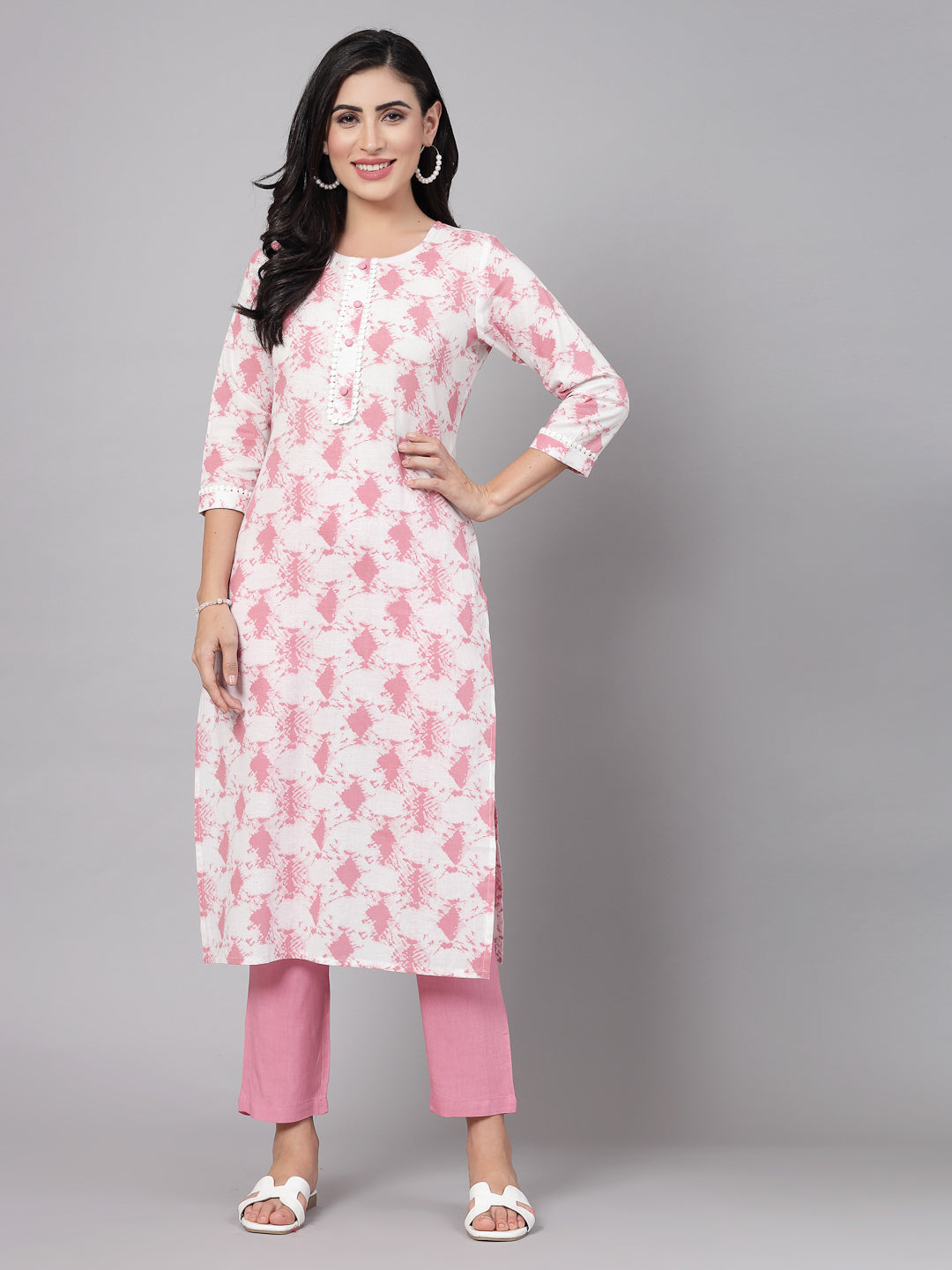 Pink Self-Design Kurta Set - Rayon Fabric, 3/4 Sleeves, Mandarin Collar And Calf Length