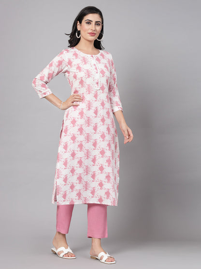 Pink Self-Design Kurta Set - Rayon Fabric, 3/4 Sleeves, Mandarin Collar And Calf Length