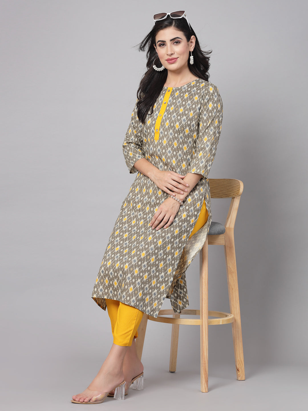 Mustard Self-Design Kurta Set - Rayon Fabric, 3/4 Sleeves, Mandarin Collar And Calf Length