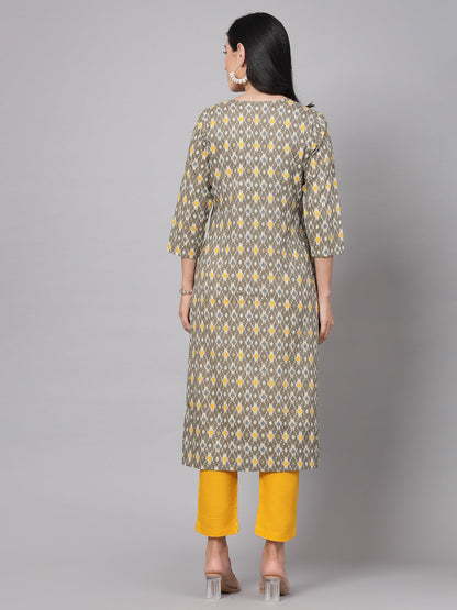 Mustard Self-Design Kurta Set - Rayon Fabric, 3/4 Sleeves, Mandarin Collar And Calf Length