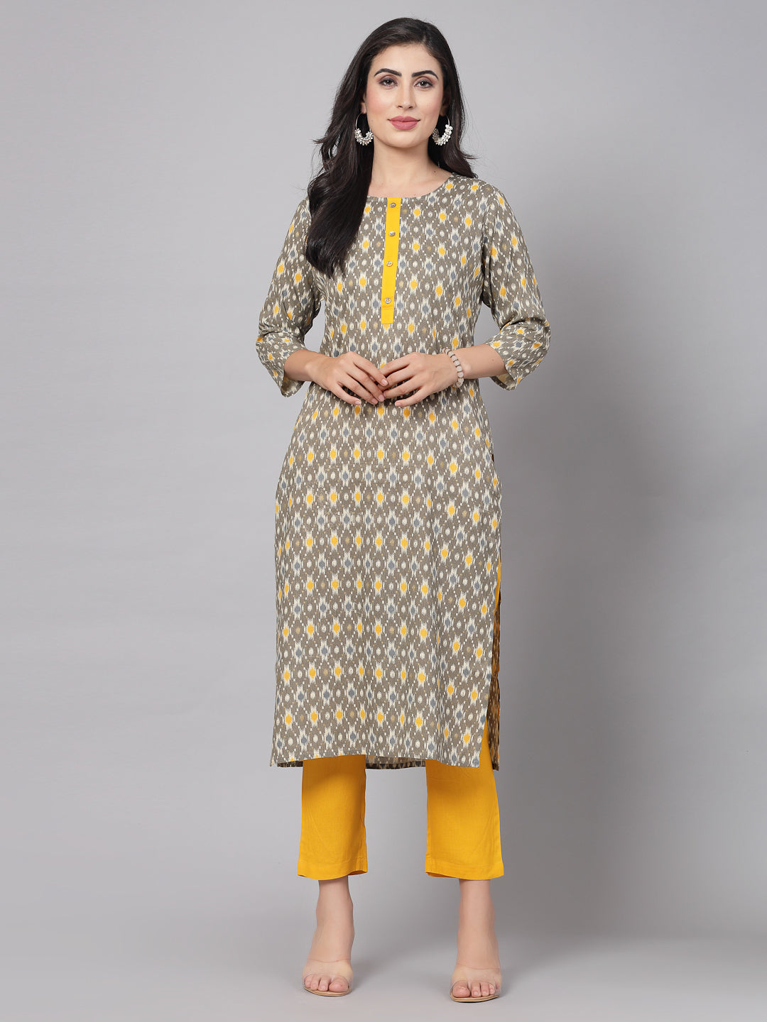 Mustard Self-Design Kurta Set - Rayon Fabric, 3/4 Sleeves, Mandarin Collar And Calf Length