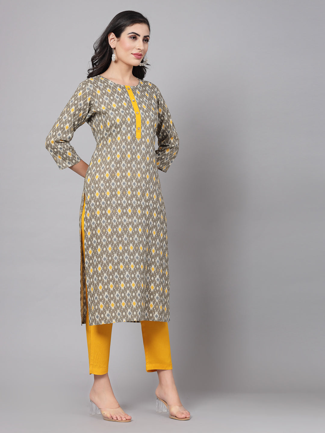 Mustard Self-Design Kurta Set - Rayon Fabric, 3/4 Sleeves, Mandarin Collar And Calf Length