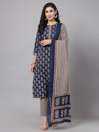 Navy Self-Design Kurta bottom With Dupatta