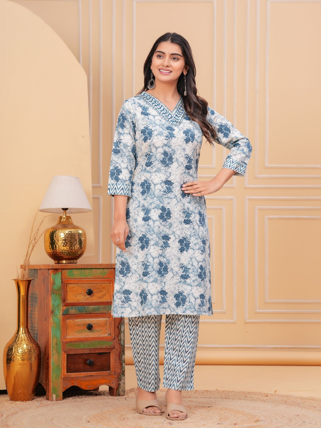 Cotton Printed Straight Kurta set (Blue)