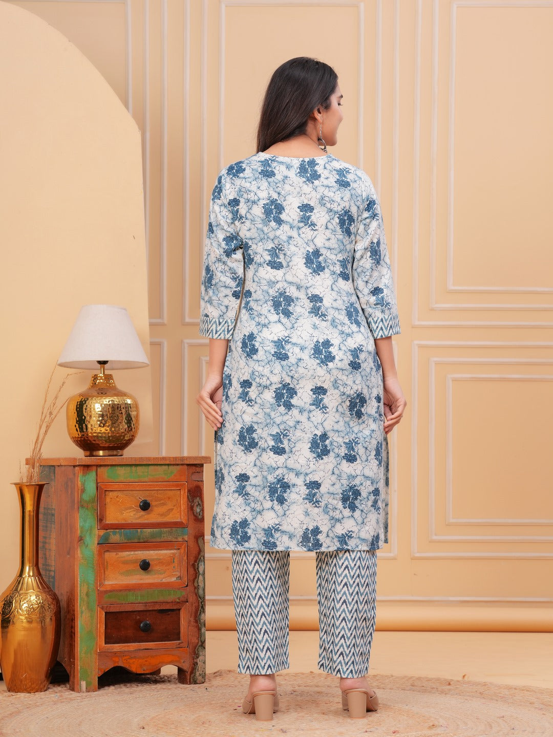 Cotton Printed Straight Kurta set (Blue)