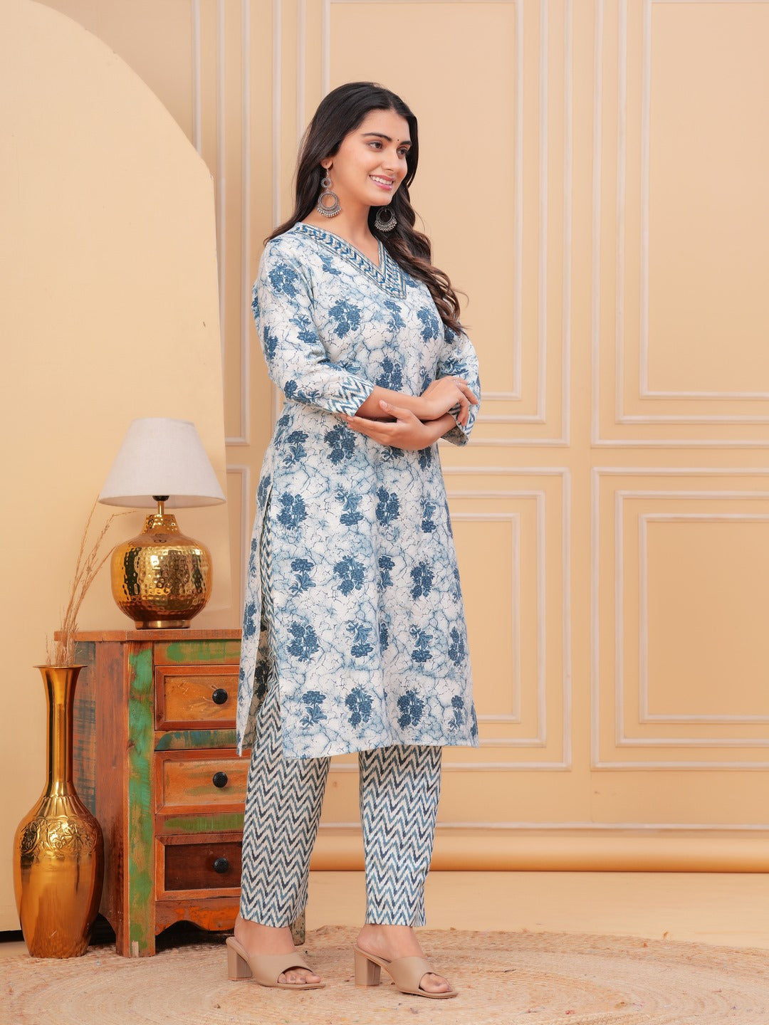 Cotton Printed Straight Kurta set (Blue)