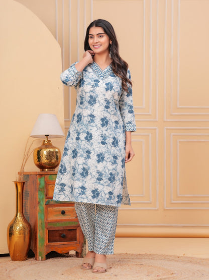 Cotton Printed Straight Kurta set (Blue)