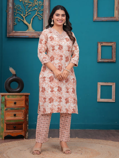 Cotton Printed Straight Kurta set (Orange)