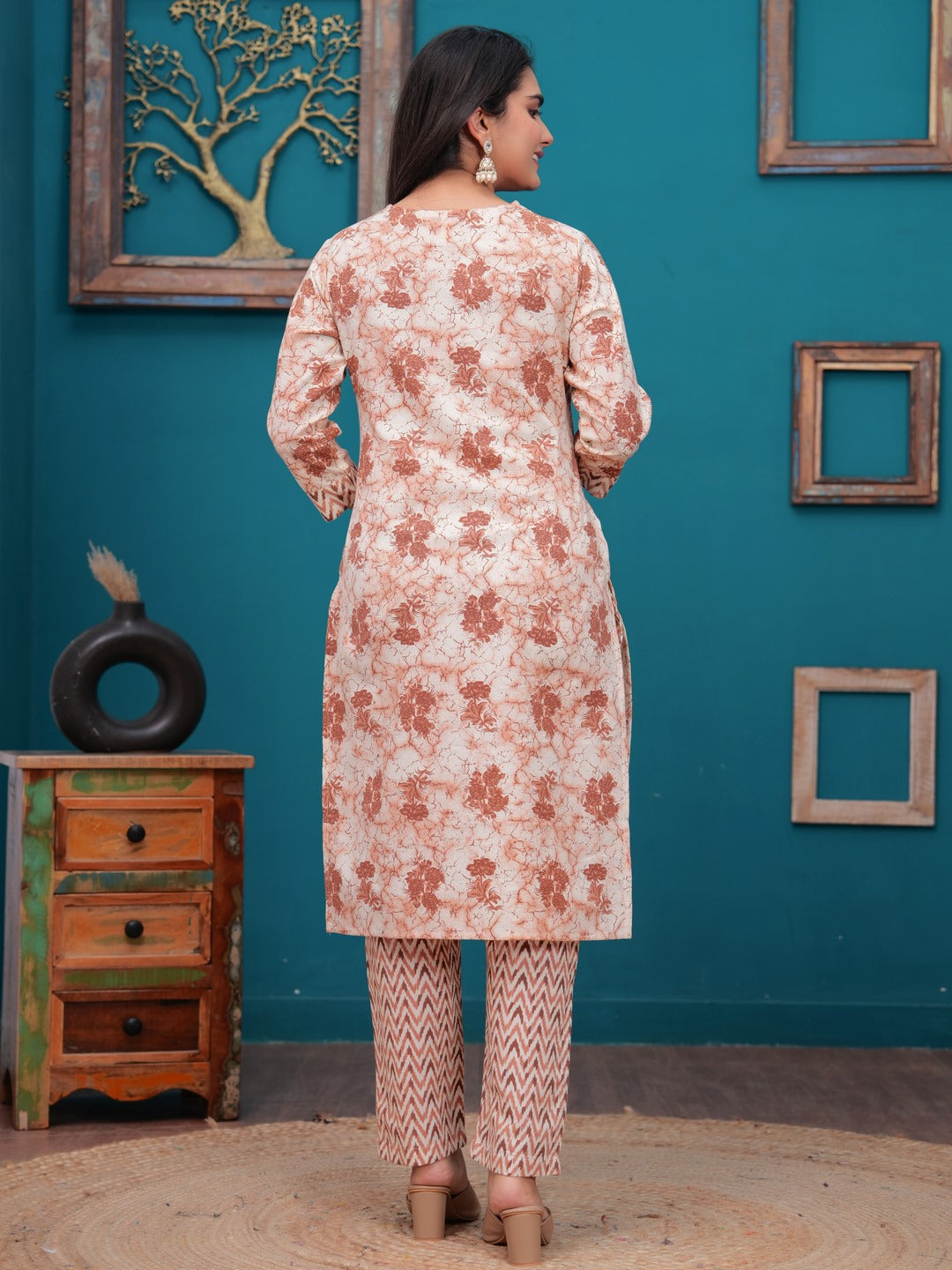 Cotton Printed Straight Kurta set (Orange)