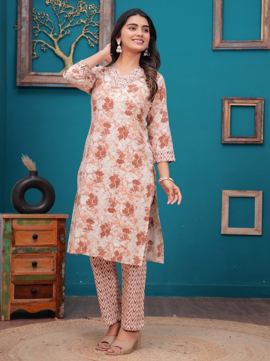 Cotton Printed Straight Kurta set (Orange)