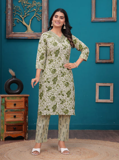 Cotton Printed Straight Kurta set (Green)