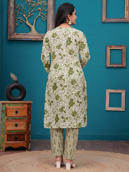 Cotton Printed Straight Kurta set (Green)