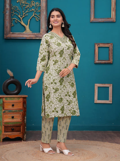 Cotton Printed Straight Kurta set (Green)