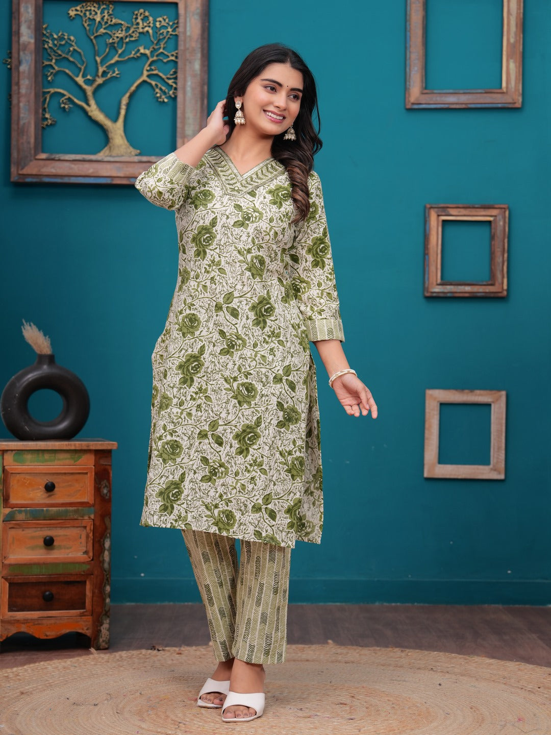 Cotton Printed Straight Kurta set (Green)