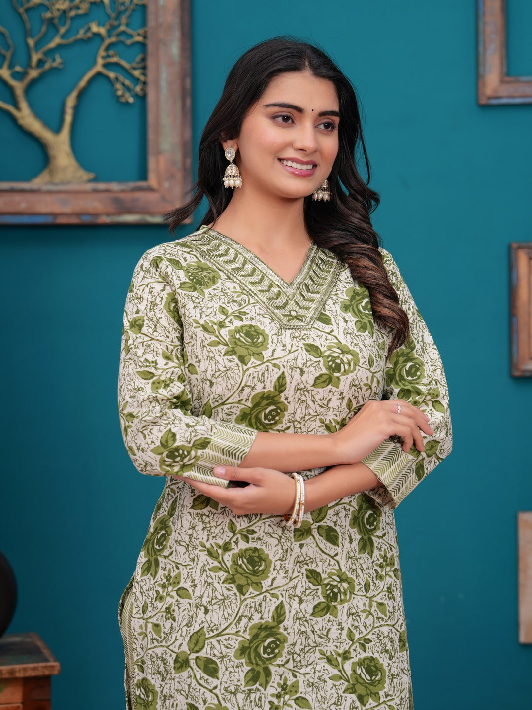 Cotton Printed Straight Kurta set (Green)