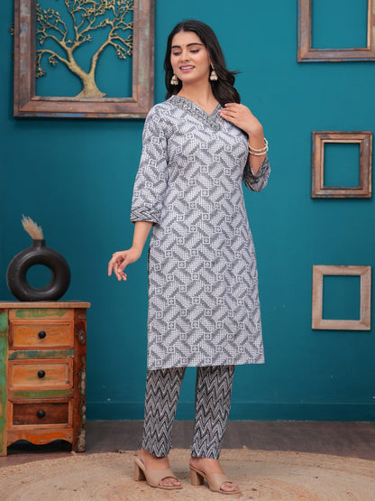 Cotton Printed Straight Kurta set (Grey)