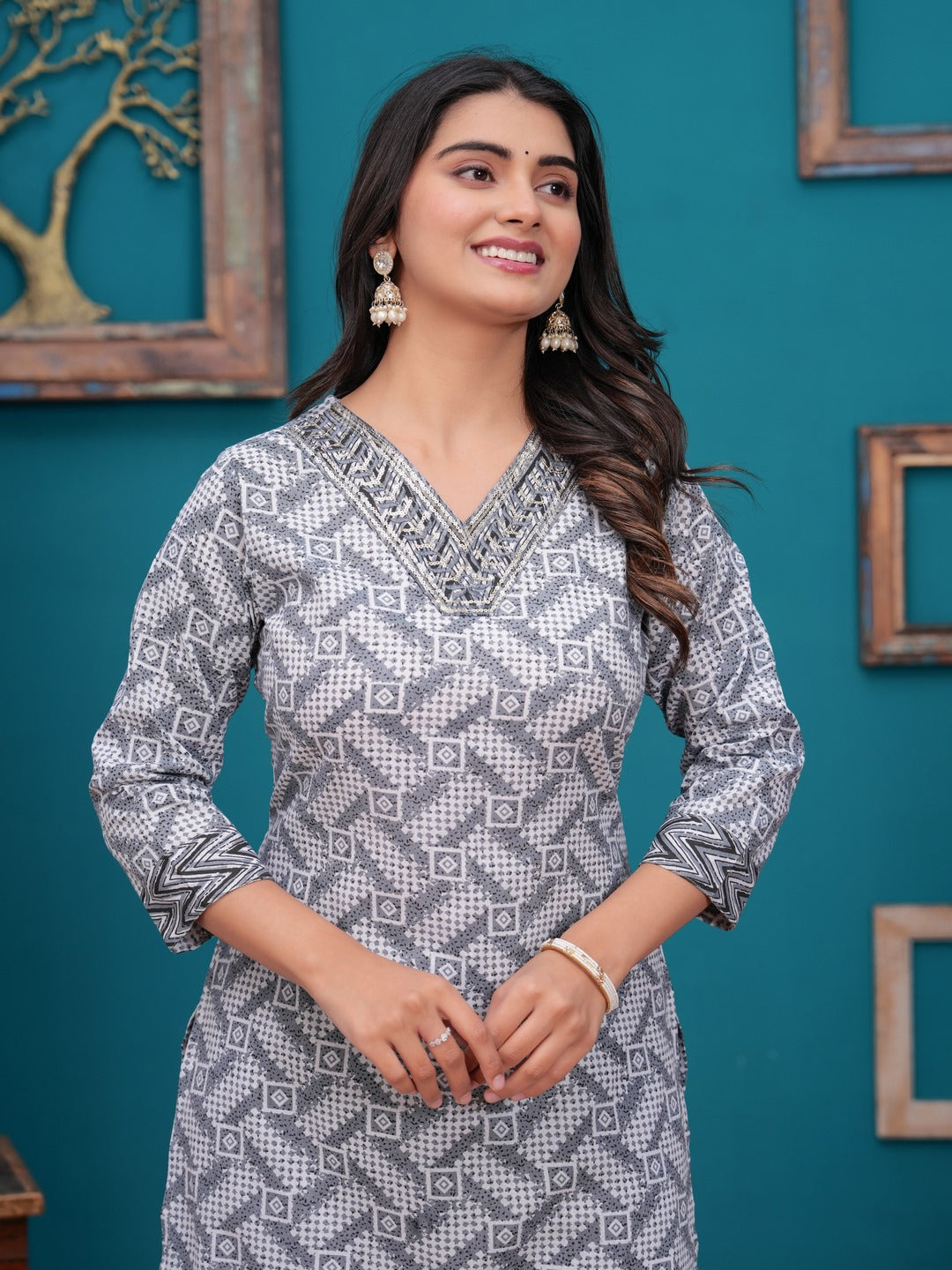 Cotton Printed Straight Kurta set (Grey)