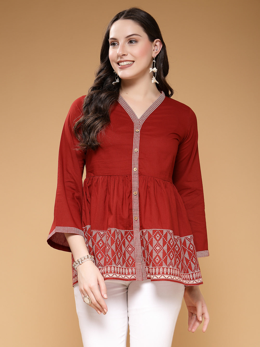 Solid V-Neck 3/4 Sleeves Hips Length Cotton Tops & Tunic