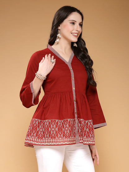 Solid V-Neck 3/4 Sleeves Hips Length Cotton Tops & Tunic