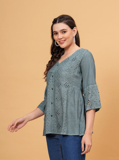 Solid V-Neck 3/4 Sleeves Hips Length Rayon Tops & Tunic