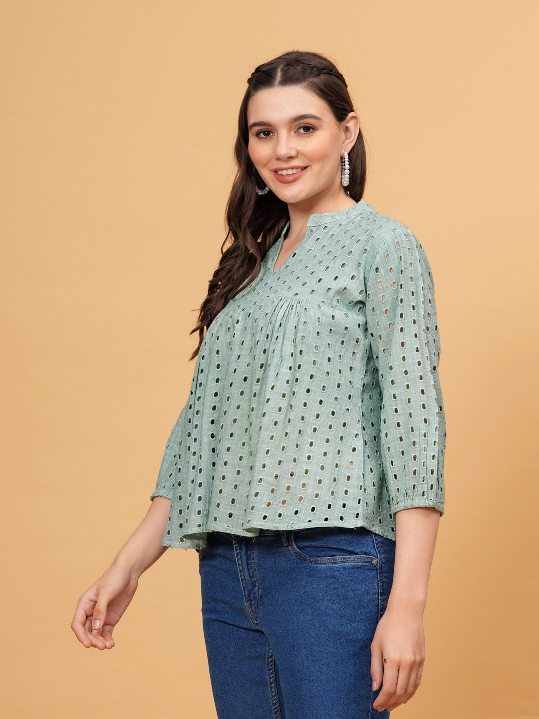 Solid Keyhole Neck 3/4 Sleeves Hips Length Rayon Tops & Tunic