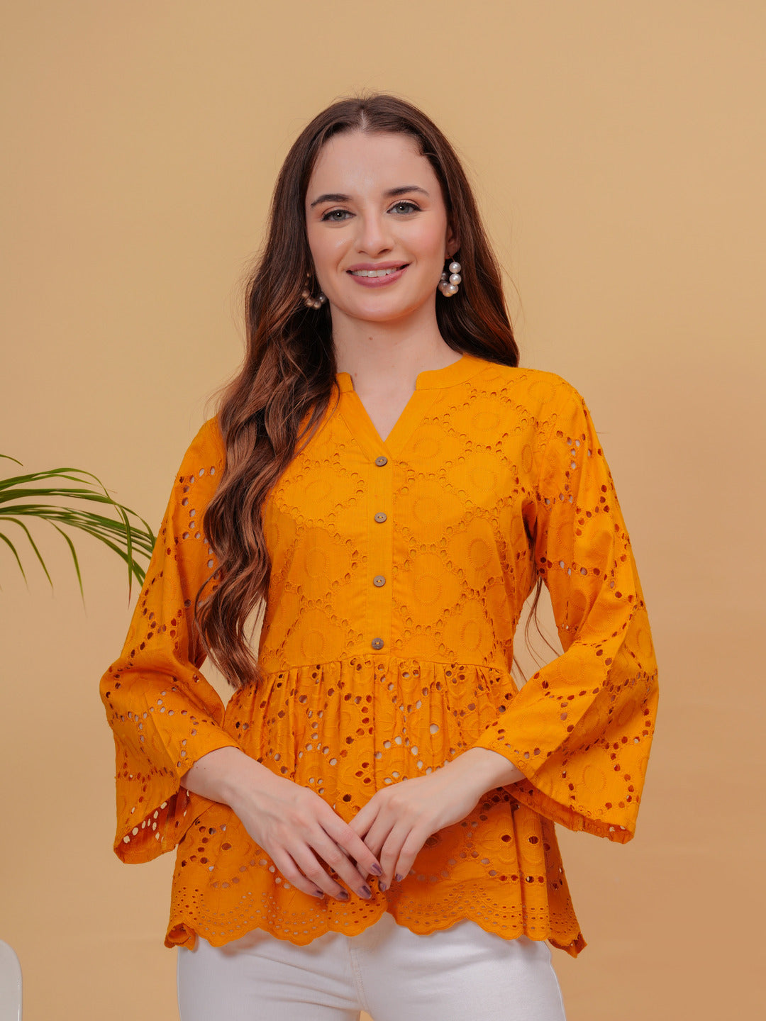 Mustard Solid Tops & Tunic - Cotton Fabric, 3/4 Sleeves, Keyhole Neck And Hips Length