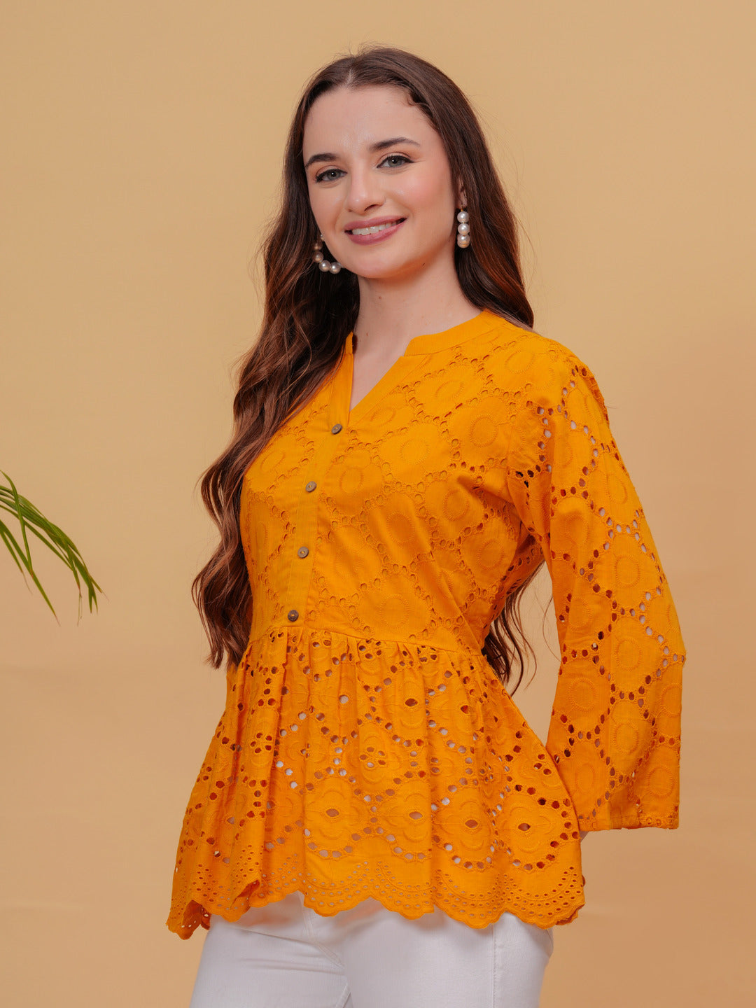 Mustard Solid Tops & Tunic - Cotton Fabric, 3/4 Sleeves, Keyhole Neck And Hips Length