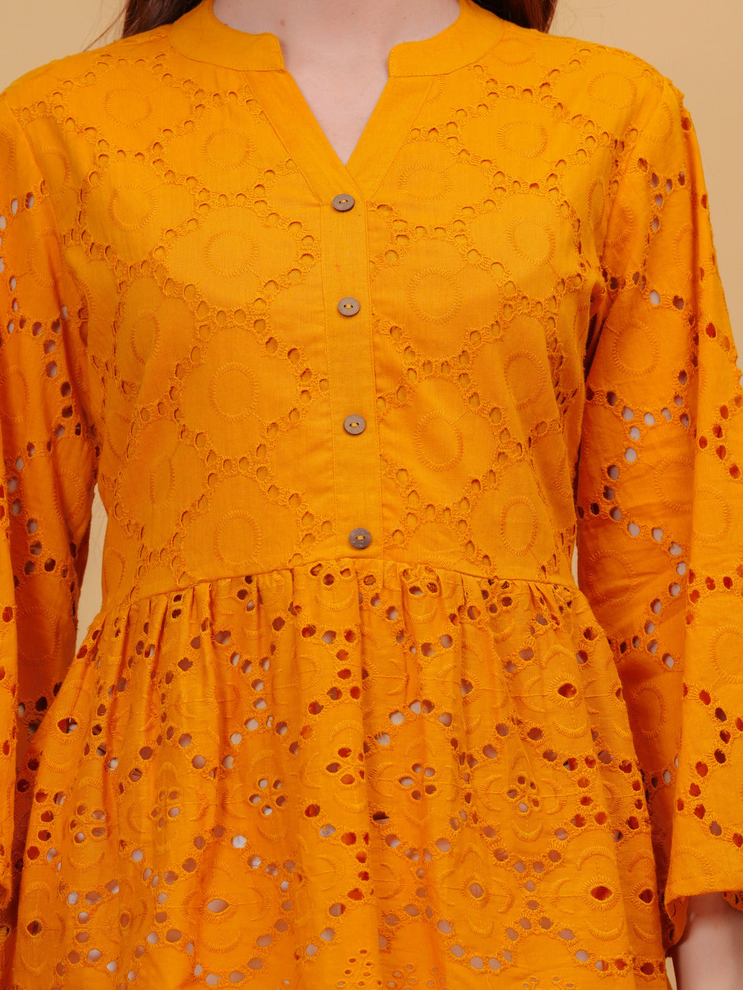 Mustard Solid Tops & Tunic - Cotton Fabric, 3/4 Sleeves, Keyhole Neck And Hips Length