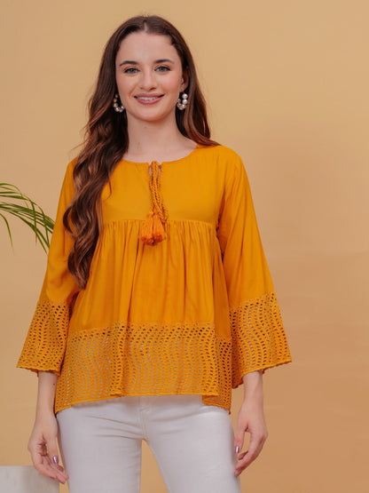 Mustard Solid Tops & Tunic - Rayon Fabric, 3/4 Sleeves, Keyhole Neck And Hips Length