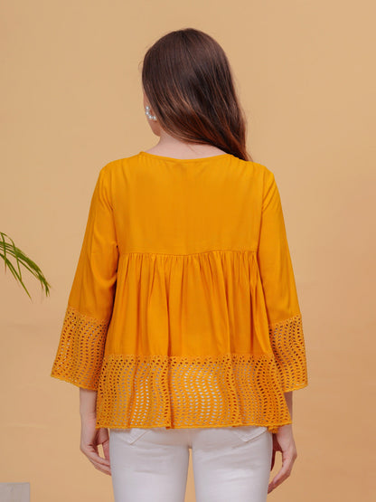 Mustard Solid Tops & Tunic - Rayon Fabric, 3/4 Sleeves, Keyhole Neck And Hips Length