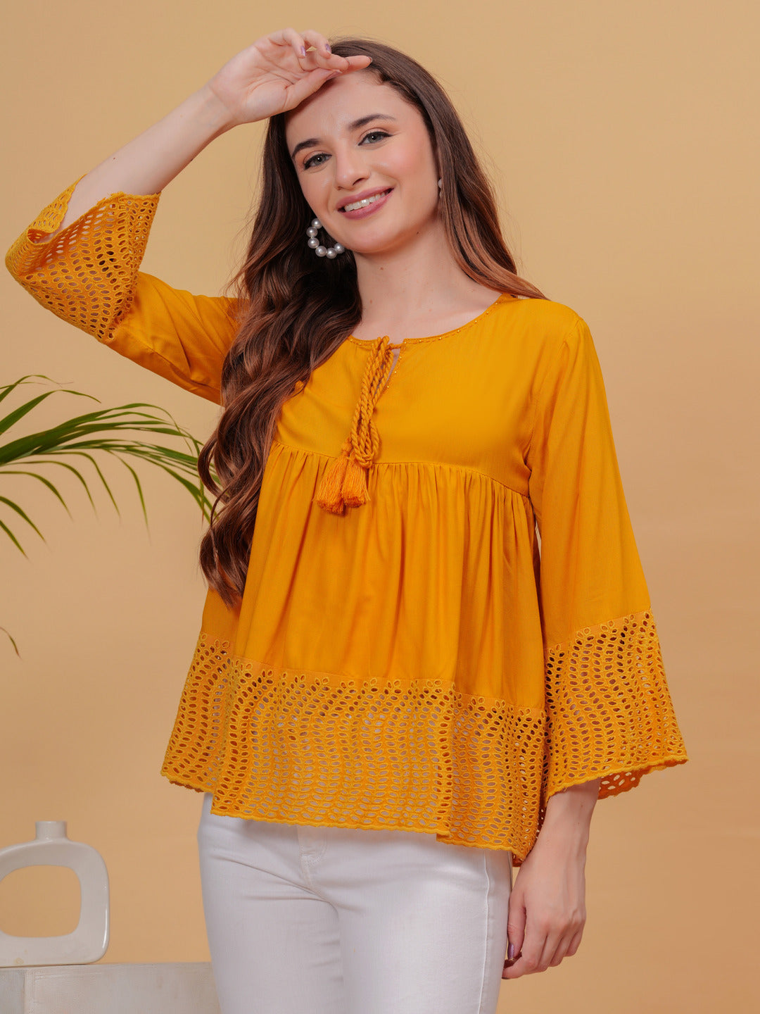 Mustard Solid Tops & Tunic - Rayon Fabric, 3/4 Sleeves, Keyhole Neck And Hips Length